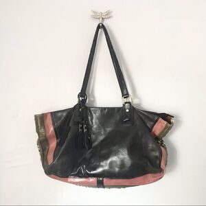 Aqua Madonna leather patchwork shoulder tote bag. Animal print calf skin